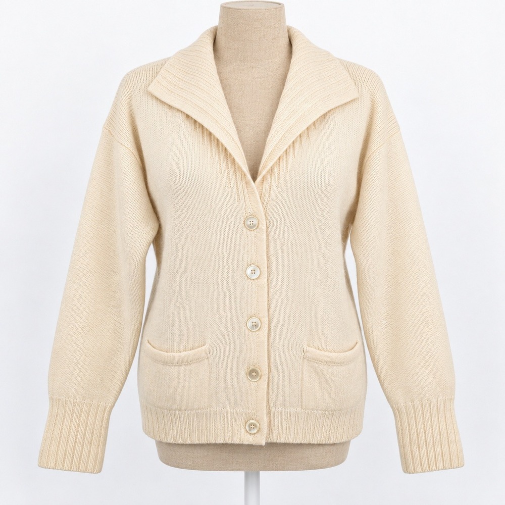 Vintage 90s Nordstrom 100% Wool Button Cardigan Sz M Cream Classic V Neck Shawl